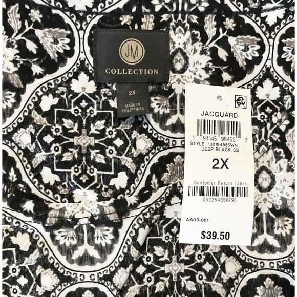 JM Collection Plus Size Printed Jacquard Top Size 2X, Black - Picture 5 of 7